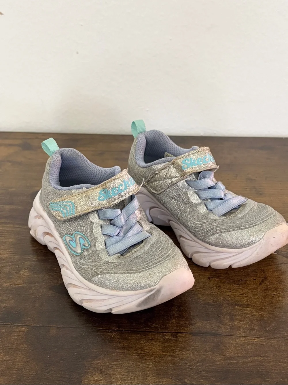 Skechers Kids Silver Glitter Sneakers with Light Blue Details